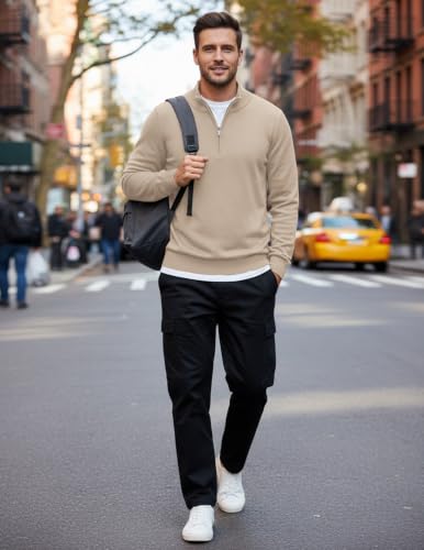Image of COOFANDY Men's Quarter Zip Up Sweaters Slim Fit Lightweight Mock Pullover
