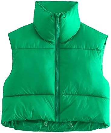 HOULENGS Women's Stand Collar Crop Puffer Vest Lightweight Sleeveless Winter Warm Outerwear Puffer Vest Padded Gilet Green Medium