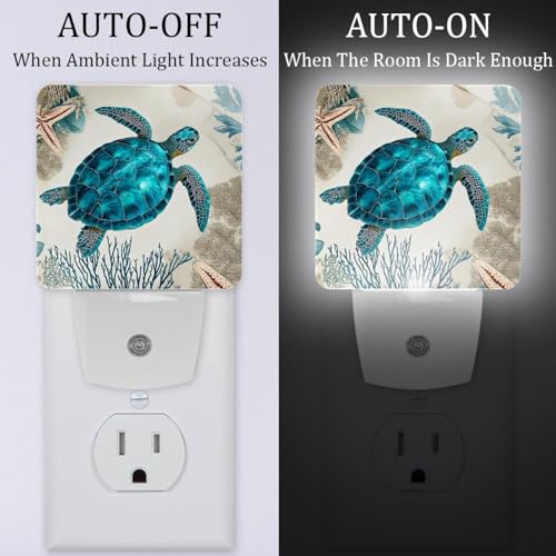 Image of NEWzone Vintage Turquoise Sea Turtle Night Light [2 Pack], Plug in Wall Led Night Lights Decor for Boys Girls Room, Dusk to Dawn Sensor Wall Lamp for Stairway /Bedroom /Kitchen /Nursery Room