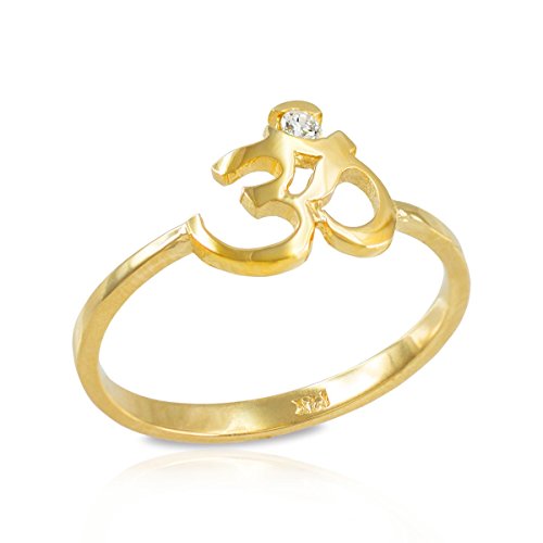 Women s 14k Yellow Gold Dainty Yoga Band Diamond Om Ring (Size 8)