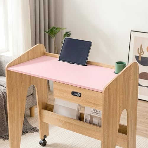Image of Alex Daisy Movers Kids Study Desk with Lockable Wheels, Scratch-Resistant Top, Lockable Drawer, iPad Slot & Cup Holder | Compact Kids Study Table with Storage Shelf (Pink)