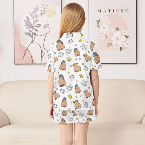 Funny Sleep Capybara Brown Prints Summer Satin Pajama Set, Cute Button-Down Sleepwear Pj Set for Sleep Wears4
