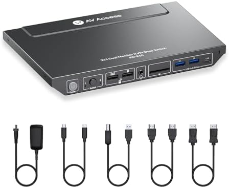 AV Access Dockingstation mit KVM Switch für Laptop & Desktop, 100W Aufladung, 4K@60Hz Dual Monitor HDMI, 3xUSB 3.0, USB-C, 1G Ethernet, EDID Support, SD, 3.5mm AUX Audio, Fast Swit