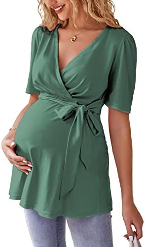 LAISHEN Women's Maternity Shirts Short Sleeve Wrap Tie Front Maternity Summer Clothes Pregnancy Blouse Tops(Green,L)
