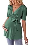 LAISHEN Women's Maternity Shirts Short Sleeve Wrap Tie Front Maternity Summer Clothes Pregnancy Blou