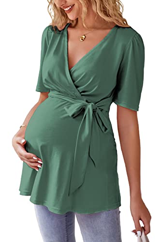 Laishen Women's Maternity Shirts Short Sleeve Wrap Tie Front Maternity Summer Clothes Pregnancy Blouse Tops(Green,L) #TOP14
