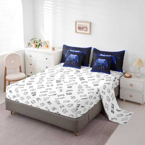 7 Pieces Blue Gaming Comforter Set Queen, Honeycomb Gamepad Bed Set for Kids Boys Teens, Modern Gamer Video Games Bedding(1 Comforter,1 Fitted Sheet,1 Flat Sheet,2 Pillowcases,2 Throw Pillow Cover) - Thumbnail 6