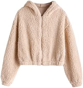 ZAFUL Women's Faux Fur Fuzzy Coat Full Zip Drop Shoulder Jacket Cropped Sweatshirts Hooded(2-Light Khaki,L)