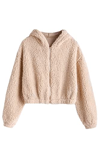 Zaful Women's Faux Fur Fuzzy Coat Full Zip Drop Shoulder Jacket Cropped Sweatshirts Hooded(2-Light Khaki,L) #TOP27