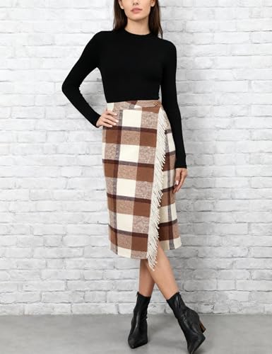 Tanming Womens Plaid Fringed Midi Skirt A Line Warm Wool Wrap Skirt Fall Winter Tartan Dress4