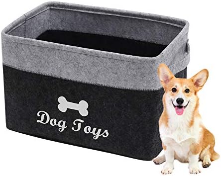 Geyecete Dog Toys Box Storage Bins Basket-Pet Toy and Accessory Storage Bin,Foldable felt Organizer Storage Basket for Pet Toys,Blankets-Dark Gray/light gray