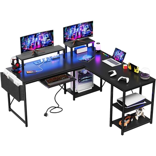 Flamaker Scrivania Gaming L 140×140 cm con LED e Ripiano