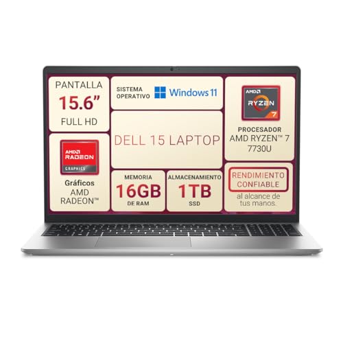 DELL 15 Laptop AMD Ryzen 7-7730U, 16GB 1TB SSD Radeon Graphics 15.6" FHD, Win11,Plata