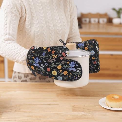 Oven Mitts Pot Holders Set Vintage Botanical Flower Wildflower Silicone Kitchen Gloves Potholders Heat Resistant for Chef Baking Cooking Grilling BBQ 4 Pack Mitt by SUPLUCHOM - Used condition - Image 7