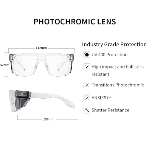 Image of Offray UV400Transition Photochromic Safety Glases Light to Dark Grey Lenses ANSI Z87 Impact Approved Wraparound Style Frame (Clear)