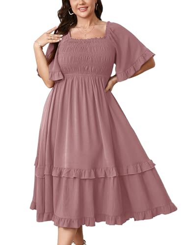 Image of SCOMCHIC Women's Plus Size Maxi Dresses Summer Short Sleeve Square Neck Smocked Wedding Guest Cocktail Boho Long Dress
