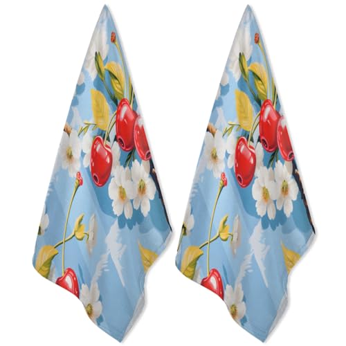 QsirBC Kitchen Towels Set of 2 Cherries Fruits Hand Towels Dish Towels Reusable Decorative Towel Sets for Cooking Baking, 28.3 X 17.7 Inch