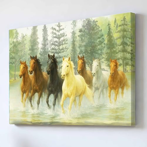 Image of 7 Running Horses Vastu Stretched Canvas Painting For Living Room Multicolor Seven Horses Vastu Wall Art Painting Symbol of Success, Growth & Positive Energy Wall Art for Home & Office, 22x34 Inch