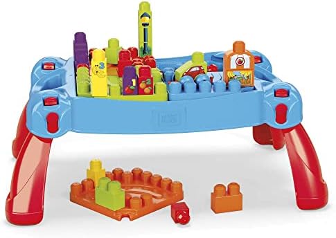 MEGA BLOKS Build 'n Learn Table toy building set with 30 big building blocks and 1 rolling vehicle, gift set for boys and girls, ages 1 and up