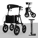 Rollator mit Luftbereifung inkl. Luftpumpe bequemem Sitz und Lehne - robust leicht und faltbar. Der ideale Geländerollator für draußen in Titanschwarz