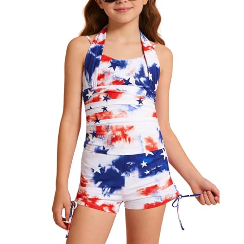 Image of Size 7-16 Years Girls Slim Fit Swimsuit 2 Piece Halterneck Tankini Swimsuit Drawstring Printed Swim Shorts