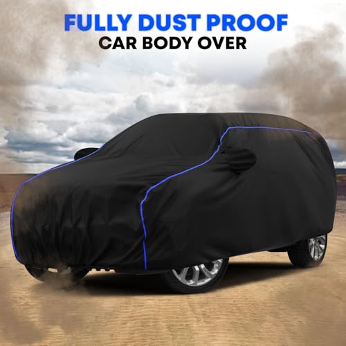Image of Water-Resistant Dustproof Car Cover for Maruti Swift VXI - Mirror Pocket, UV Protection, Scratch Guard, Buckle Belt, Front & Back Bottom Elastic with Blue Piping - Black