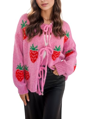 Image of FindThy Women's Tie Front Cardigan Sweater Cute Long Sleeve Crew Neck Bow Knot Knit Outwear