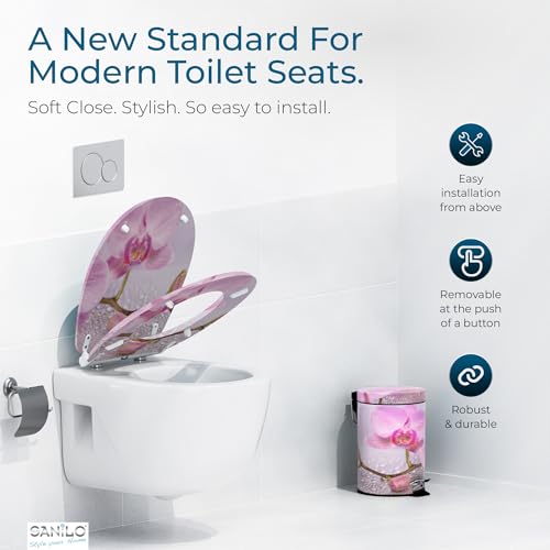 Image of Sanilo Wooden Toilet Seat with Quick Release & Soft Close [ROUND] - Decorative & Slow Close Molded Wood Seat - With One Click for Easy Installation & Cleaning - With Adjustable Fit (Blooming)