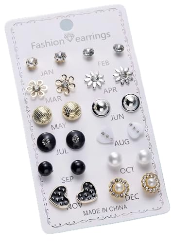 Image of 12 Pairs Trendy Stud Earrings Set with Crystal and Pearl, Heart, Flower, Star and Geometric Styles