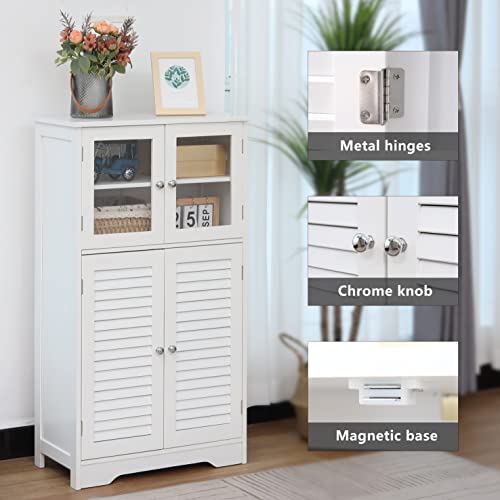 Weenfon Bathroom Cabinet, Storage Cabinet With 2 Glass Doors & 2 Shutter Doors, Free Standing Floor Cabinet With 2 Shelves, For Living Room, Hallway, Home Office, White #TOP4