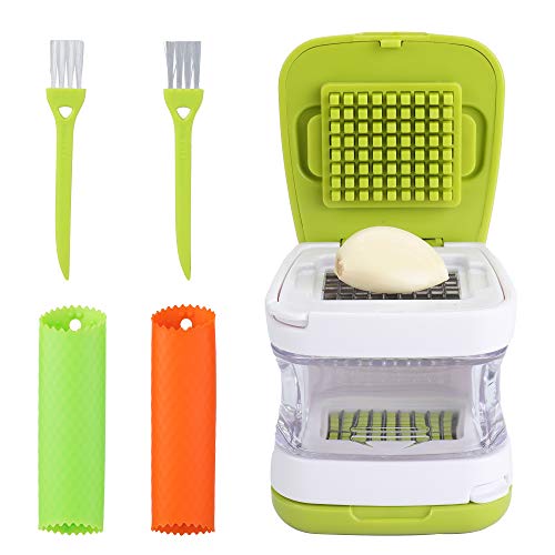 Garlic Mincer Set, 2 Silicone Garlic Peeler 1 Garlic Chopper with Storage Container 2 Cleaning Brush Easy Clean Garlic Slicer Easily Slice Thin or Cube Clove Cube Garlic Press Tool, Gift for Kitchen