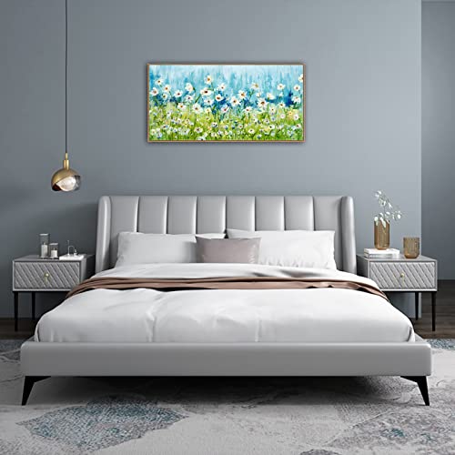Framed Wall Art Wildflowers Canvas Pictures Living Room Wall Decor Abstract White Daisy Floral Canvas Prints Spring Landscape Painting Green Grass Artwork For Bedroom Kitchen Home Office Decor 20"X40" #TOP1