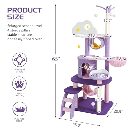 Torre para gatos morada y rosa 65 pulgadas miniatura 2