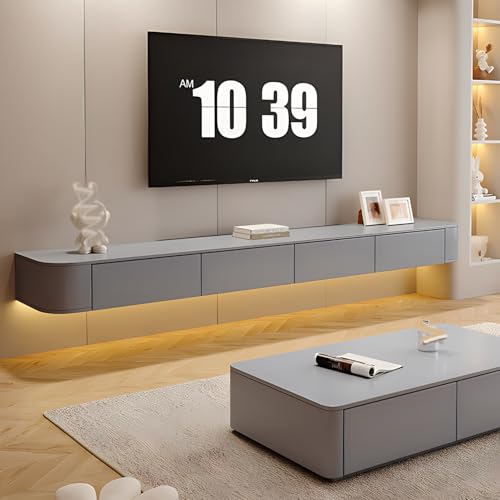 Meuble TV flottant en bois massif gris de 140 cm pour salon