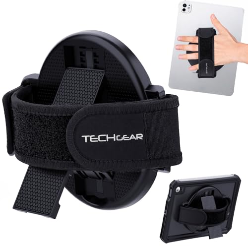 TECHGEAR Universelle iPad- und Tablet-Handschlaufe-Halterung & Ständer, 360° drehbarer Griff mit Ständer, selbstklebende Halterung für 7-13 Zoll Tablets, Querformat und Tippmodus, Ständer