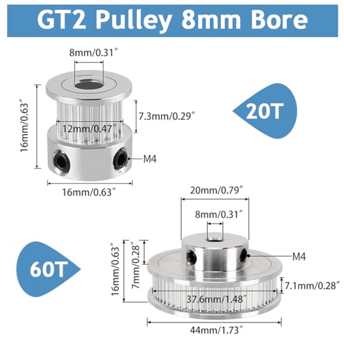 Image of Serplex Synchronous Wheel For 3D Printer Timing Pulley Printer Timing Gear for 3D Printer with FDM Tech 20 & 60 Teeth 8mm Bore Aluminum Timing Pulley with Length 200mm x6mm Belt