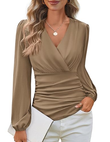 GRACE KARIN Long Sleeve Blouses for Women Dressy Casual, Wrap Tops Work Shirts, 2025 Fall Business Outfits Khaki L