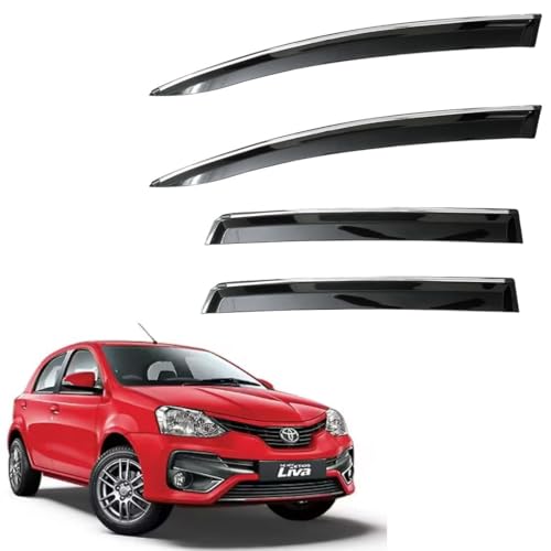 Image of CAR SAAZ Unbreakable Chrome Smoke Door Visor for Etios Liva (2011-2020) | Premium Sun, Rain Wind Deflector Chrome Strip Side Door Rain Visor - Set of 4 Pcs