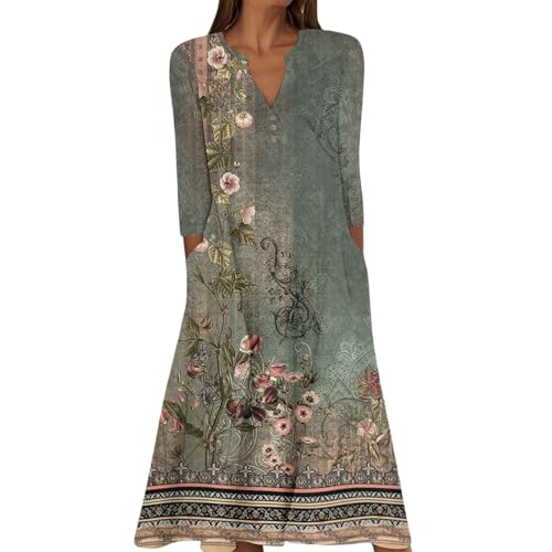 Women's Dresses 3/4 Sleeve V Neck Pleated Button Down Dress Casual Midi Vacation Dresses with Pockets