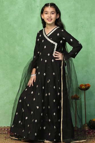 Image of Fashion Dream Girls Chanderi Embroidered Maxi Dress with Dupatta|Ethnic Gown for Kids