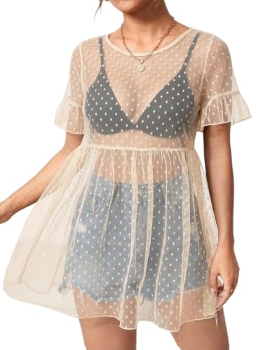 WDIRARA Women's Polka Dots Sheer Mesh Ruffle Hem Mini Dress
