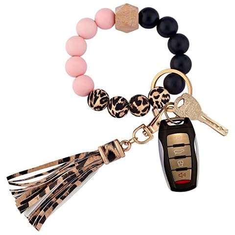 WEWAYSMILE Wristlet Keychain Bracelet, Bracelet Beaded Key Ring Bracelet, Women Beaded Bangle Keychain, with Tassel, for Women House Car Key Ring Holders(Leopard print) Cover