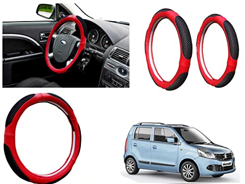 Image of Microfiber Car Steering Wheel Cover, Soft Padding Great Hand Feel, Anti-Slip, Faux Leather Steering Cover for Maruti Suzuki WagonR 2010 | Black Red Jali - Pack of 1