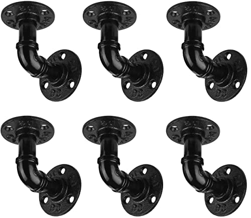 6PCS Support Étagère Mural, 1.3x1.3cm Rétro en Métal Équerre de Tuyau Industriel Bride De Plancher Shelf Brackets en L-Support-décoratif en vintage de ferme - pour Salon/Chambre/Salle d'étude(Noir) Cover