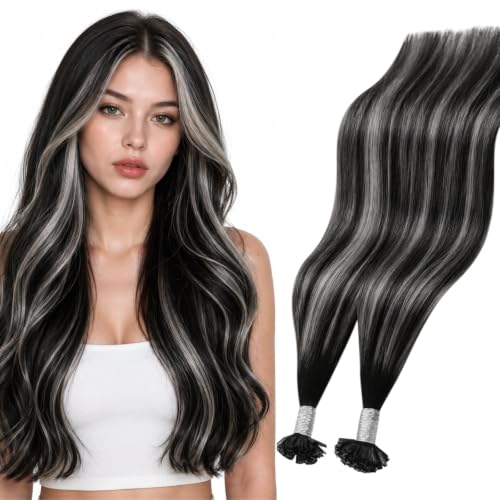 Image of Moresoo K Tip Hair Extensions Real Human Hair, BlacK Silver Melt, 24 Inch | 50g 50 strands, soft texture, keratin bond, extra length, wedding guest or event styling