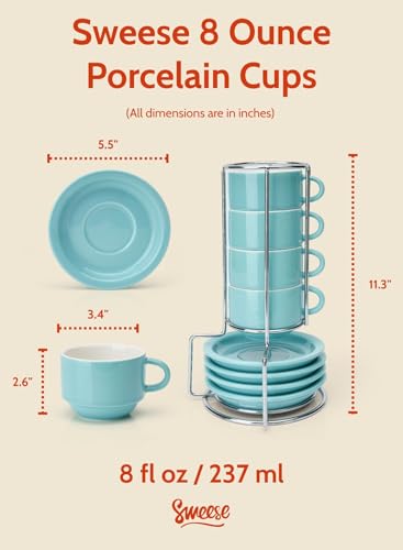 Sweese 8 Ounce Porcelain Stackable Cappuccino Cups with Saucers and Metal Stand - for Specialty Coffee Drinks, Cappuccino, Latte, Americano and Tea - Set of 4, Turquoise