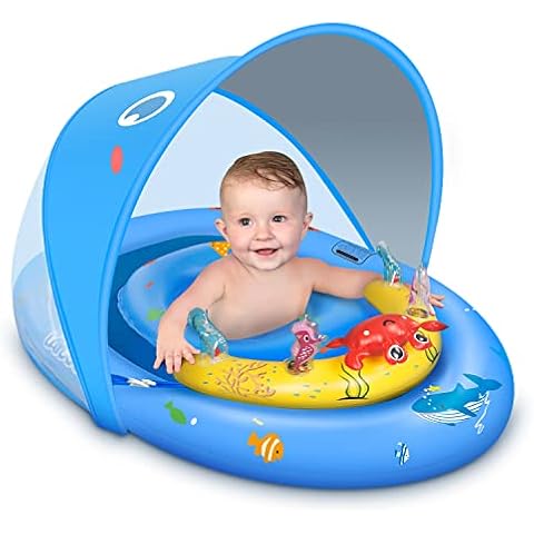 LAYCOL Baby Swimming Float with UPF50+ Sun Protection Canopy & Toy Play Console,Inflatable Baby Swim Float,Adjustable Safety Seat,Toddler Swimming Float for 6-36 Months Cover