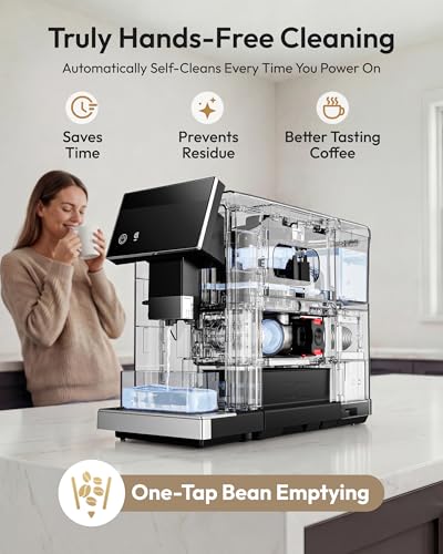 Image of Automatic Espresso Machine, 20 Bar Coffee Maker with Grinder Built in Milk Frother, 15-Grind Settings Fully Automatic Espresso Machine with Touch Screen, Auto Self-Cleaning for Cappuccino & Latte