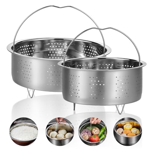 Set di 2 inserti per vapore, in acciaio inox, 17 cm, 22 cm, inserto per cottura a vapore con manici, piedi, aperture per vapore, cestello per vapore, antiruggine, inserto per fornelli di riso, padelle