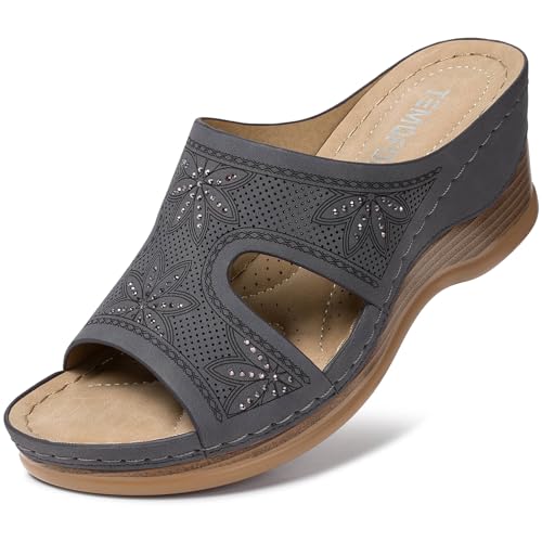 Image of TEMOFON Women Wedge Sandals Dressy: Comfortable Lightweight Summer Shoes | Low Wedge Heel - Fit Wide Feet - Comfy Stylish Slip on Sandals Size 5-11
